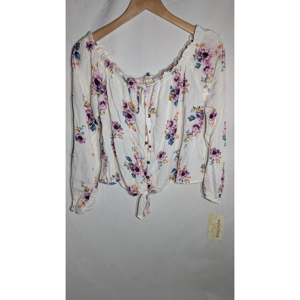 Rewind Juniors Off The Shoulder Button Up Blouse Sz‎ S Floral Boho Peasant Tie